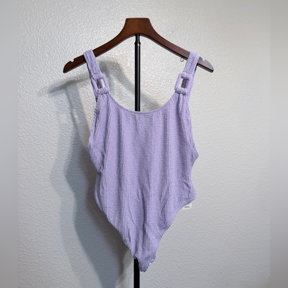 NWT Aerie Shimmery Crinkle Scoop Cheekiest One Piece Purple Swimsuit - Women’s L